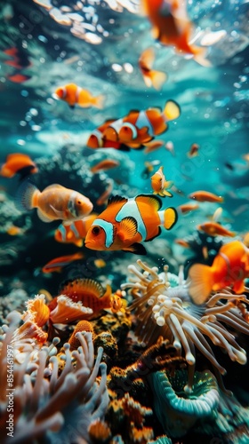 A school of colorful fish swimming around a coral reef, crystal clear water, underwater shot, vibrant colors