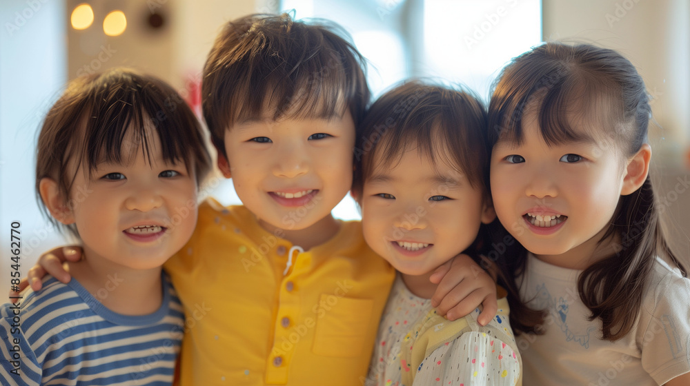部屋で笑顔で寄り添う4人の日本人の子どもの記念写真 6歳 幼稚園児 小学生 男の子 女の子 部屋で笑顔で寄り添う4人の日本人の子どもの記念写真 6歳 幼稚園児 小学生 男の子 女の子