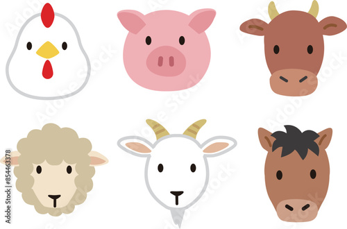 シンプルでかわいい家畜、食肉動物の顔アイコンイラスト