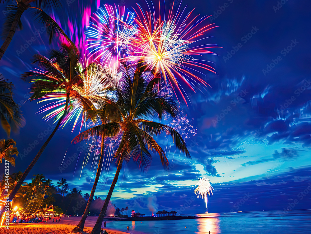 Vibrant fireworks over island, reflecting on ocean, beach party, swaying palm trees.