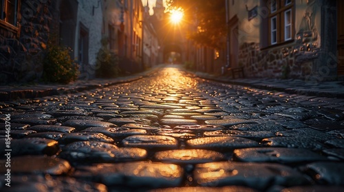 A street with cobblestone and a sun shining on it