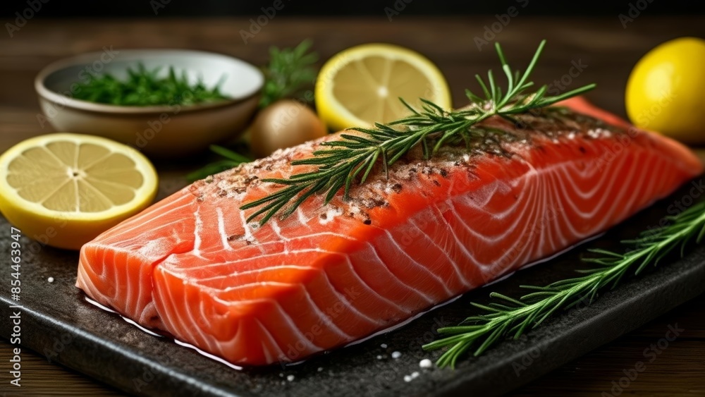 Freshly prepared salmon with lemon and herbs ready to serve Freshly prepared salmon with lemon and herbs ready to serve