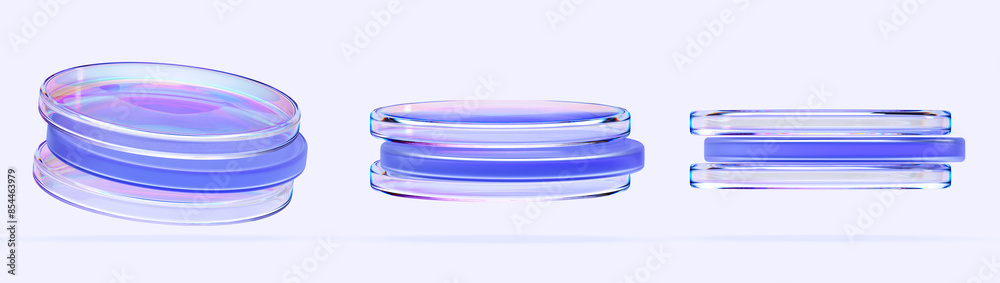 Holographic iridescent glass cylinder stand podiums 3d render icon set. Empty crystal circle pedestal platform, stage mockup for product display or presentation isolated on background. 3D illustration Holographic iridescent glass cylinder stand podiums 3d render icon set. Empty crystal circle pedestal platform, stage mockup for product display or presentation isolated on background. 3D illustration