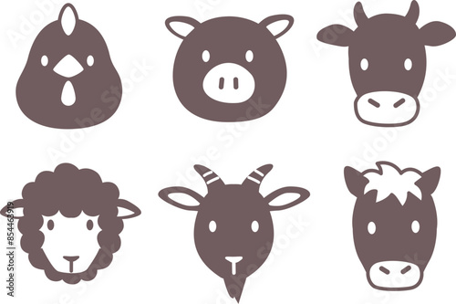 シンプルでかわいい家畜、食肉動物の顔アイコンイラスト