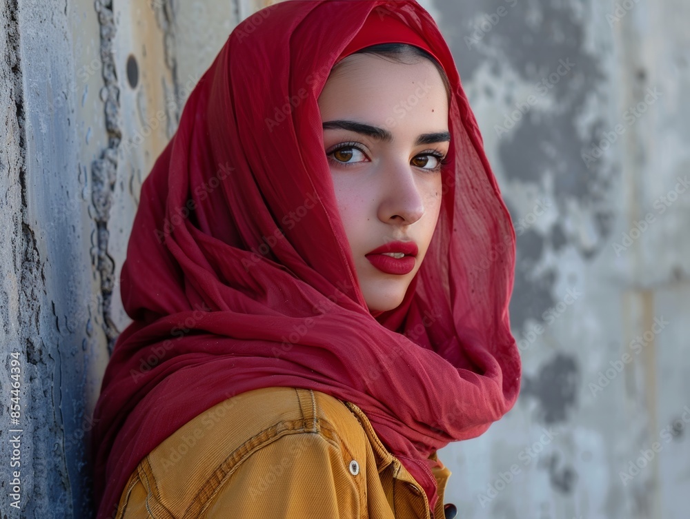 Close-up view.young woman wearing pastel red hijab.standing against wall. concept of courage and grace of Muslim women Close-up view.young woman wearing pastel red hijab.standing against wall. concept of courage and grace of Muslim women