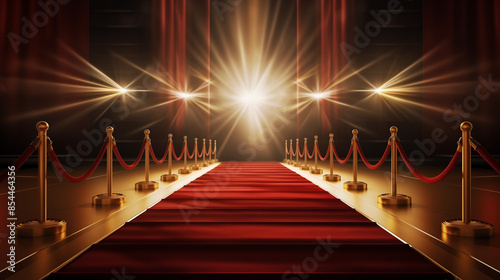 red carpet on stage , Red Event Carpet, Stair and Gold Rope Barrier Concept of Success and Triumph , Stunning view of empty theater stage with red velvet curtains between rope barriers photo