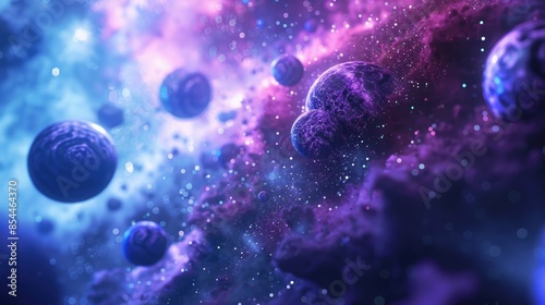 Fototapeta Naklejka Na Ścianę i Meble -  Abstract cosmic scene with floating shapes in stellar particles Three dimensional space backdrop for banner cover or flyer
