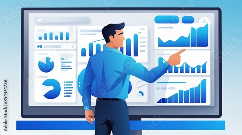A man analyzing various charts and graphs on a large screen, indicating data analysis or business analytics.