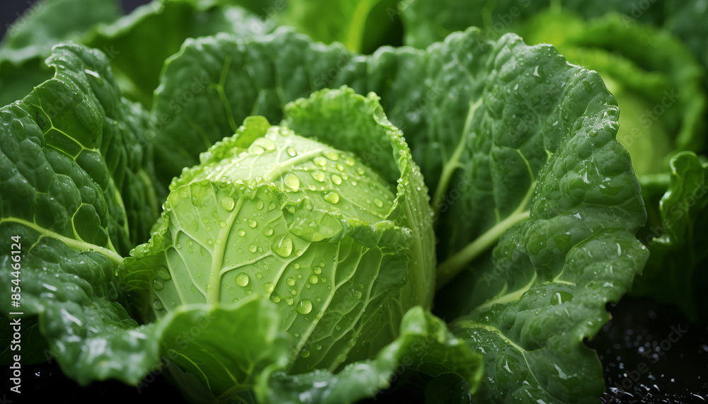 Close-up of fresh green cabbage leaves covered with water droplets, showcasing the vegetable's vibrant color and texture. Close-up of fresh green cabbage leaves covered with water droplets, showcasing the vegetable's vibrant color and texture.