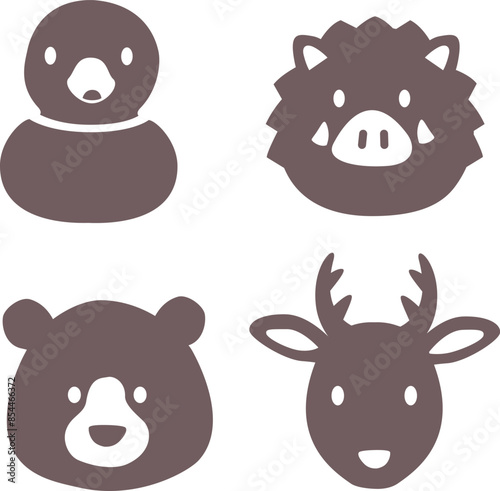 シンプルでかわいい野生動物、ジビエの顔アイコンイラスト