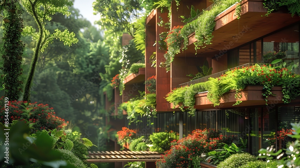 Modern balconies adorned with lush foliage and vibrant flowers Modern balconies adorned with lush foliage and vibrant flowers