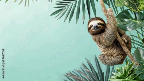 sloth hanging from a tree branch in a jungle