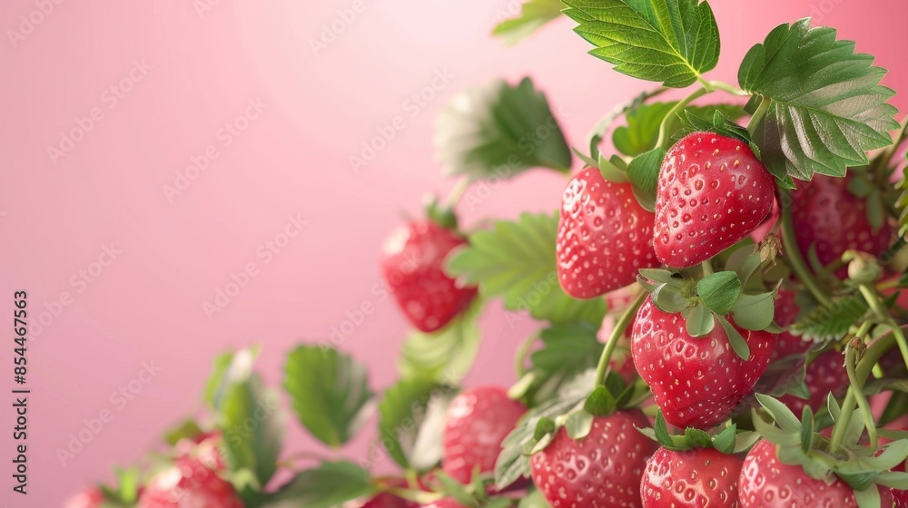 strawberry plant with ripe strawberries and green leaf with pink background. strawberry plant with ripe strawberries and green leaf with pink background.