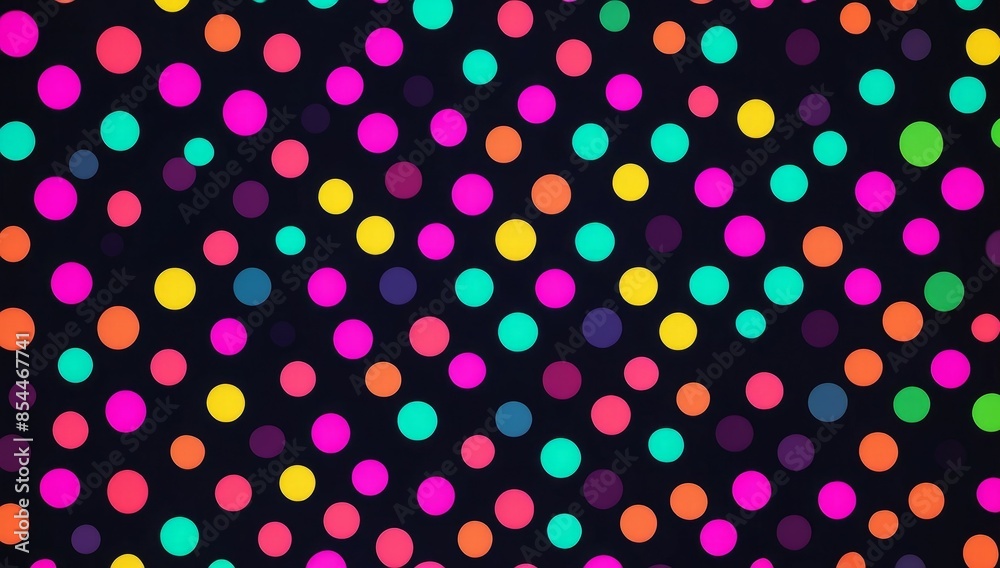 A vibrant, colorful digital illustration featuring a polka dot pattern on a black background, neon A vibrant, colorful digital illustration featuring a polka dot pattern on a black background, neon