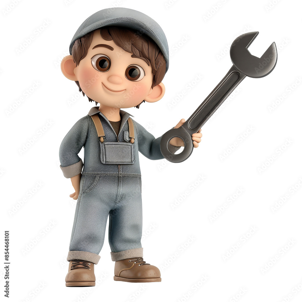 Cartoon mechanic character holding a big wrench on transparent background clipart Cartoon mechanic character holding a big wrench on transparent background clipart