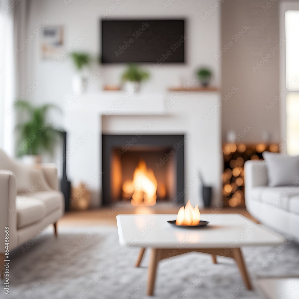 Fototapeta premium Modern living room interior features a fireplace, wooden furniture, and a large window for a bright and stylish space