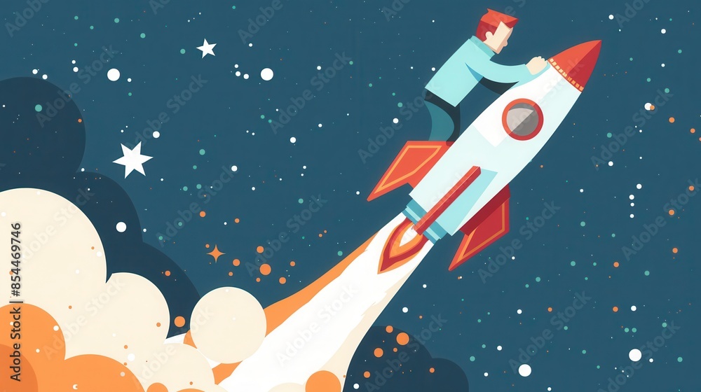 A man is riding a rocket ship into space surrounded by stars and a cloud of smoke. A man is riding a rocket ship into space surrounded by stars and a cloud of smoke.