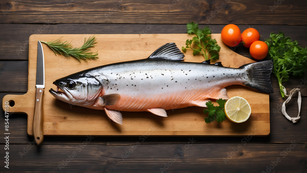 fresh salmon fish on a wooden board fresh salmon fish on a wooden board