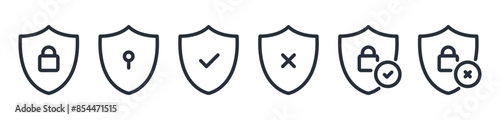 Security Shield Vector Line Icon Set. Security shield outline symbols with check mark and padlock. Editable Stroke. Pixel Perfect
