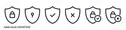 Security Shield Vector Line Icon Set. Security shield outline symbols with check mark and padlock. Editable Stroke. Pixel Perfect