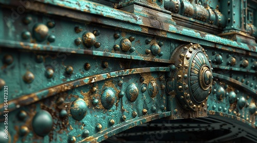 Closeup of turquoise textured metal surface with rivets and circular patterns showing signs of rust