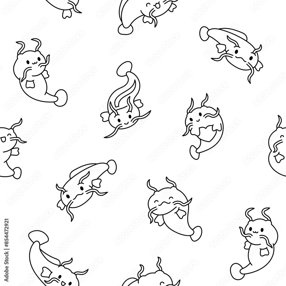 Cute kawaii catfish in different poses. Seamless pattern. Coloring Page. Funny cartoon aquatic animal character. Hand drawn style. Vector drawing. Design ornaments. Cute kawaii catfish in different poses. Seamless pattern. Coloring Page. Funny cartoon aquatic animal character. Hand drawn style. Vector drawing. Design ornaments.