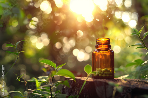 A supplement bottle in a nature setting, warm tones, nature,