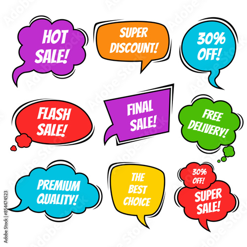 Set of Sale Vector Designs with Cartoon, Comic speech bubbles for posters, social media banners, email and newsletter designs promotional material in pop-art style