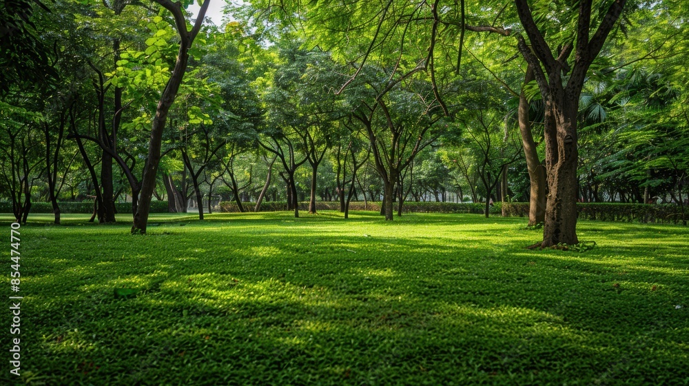 Green tree forest in city public park with green meadow grass nature landscape Green tree forest in city public park with green meadow grass nature landscape