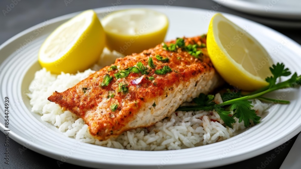 Deliciously seasoned fish fillet with lemon and herbs served on a bed of fluffy rice Deliciously seasoned fish fillet with lemon and herbs served on a bed of fluffy rice
