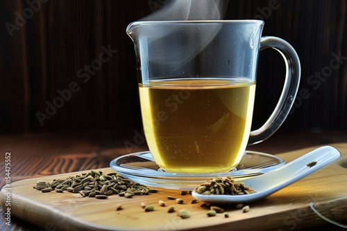 Cumin seed tea, jeera water for weight loss in glass mug photo