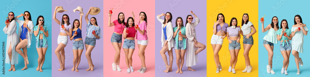 © Pixel-Shot - Collage of happy young women on color background. Summer party