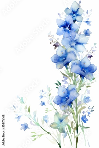 delphinium themed frame or border for photos .with tall spikes of blue flowers.watercolor illustration, white color background. 