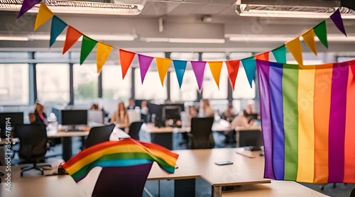 Vibrant Office with Rainbow Decorations. Celebrating Pride photo