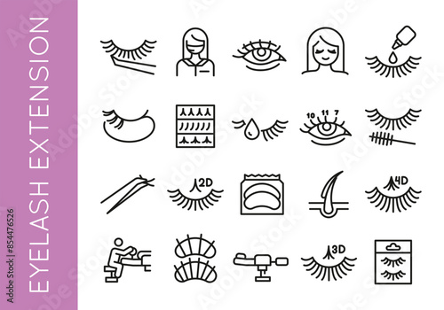 Eyelash Extension Icons. Large set of eyelash extension trendy minimal icons. Tweezer, Eyelash, Lash Glue, Eye, Mascara icons. Design signs for web, mobile app, packaging design. Vector illustration