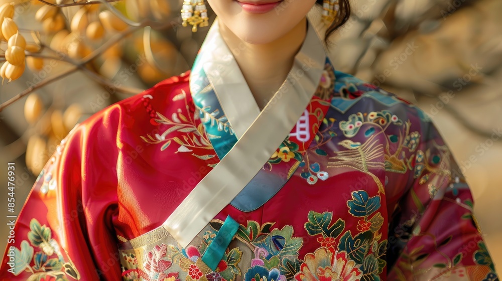 Naklejka premium Colorful Korean Traditional Silk Hanbok for Women with Holiday Greetings Concept