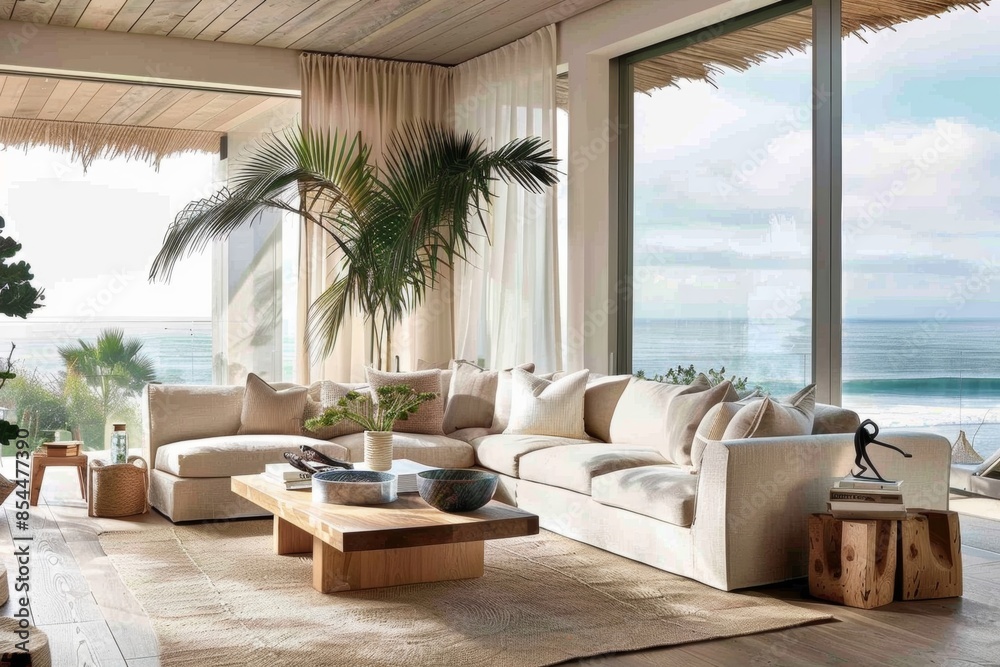 Obraz premium Coastal living room with sea views, indoor palm trees, and modern furnishings