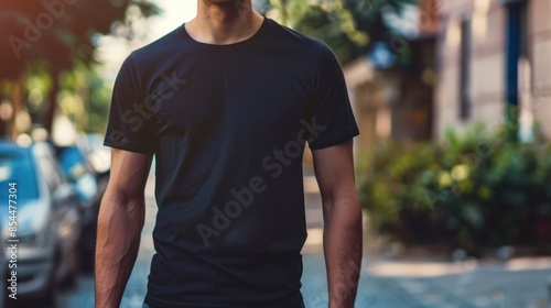 Man Wearing a Plain Black T-Shirt in the City © Anak