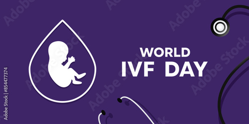 World Ivf Day. Child and stethoscope. Great for cards, banners, posters, social media and more. Purple background.