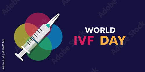 World  Ivf Day. Syringe and sperm. Great for cards, banners, posters, social media and more. Dark blue background.