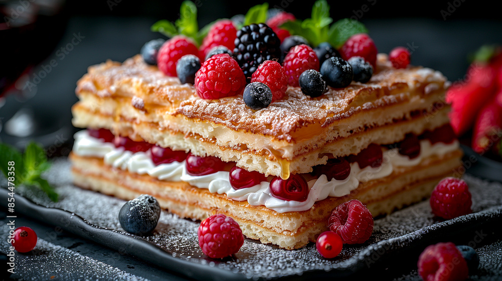 A layered cake with strawberries and blueberries on top. The cake is cut in half and is served on a black plate A layered cake with strawberries and blueberries on top. The cake is cut in half and is served on a black plate