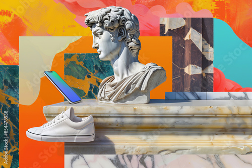 Collage of male greek statue and accessories, phone and sneaker on geometric background. photo