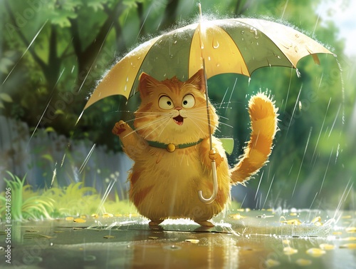 A heartwarming depiction captures the playful antics of a chubby cat as it opens an umbrella in the rain, its whiskers twitching with excitement while its tail swishes lazily against the wet photo