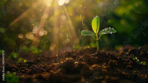 A tender young plant sprouting in a garden, illuminated by gentle rays of sunlight, with dew drops on the leaves and a rich earthy soil background, leaving ample space on the left for text photo