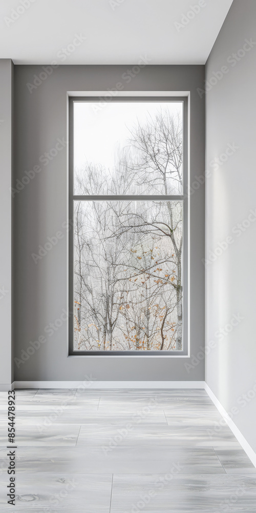Obraz premium Living room designer composition in light grey color with a window projecting light on it and with minimal furniture arrangements. Residential interiors design composition with copy space.