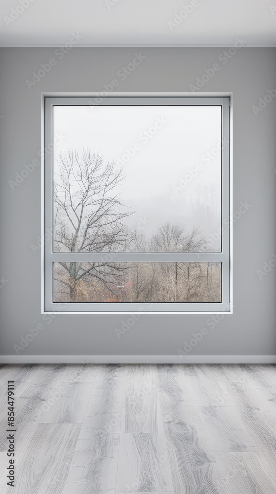 Obraz premium Living room designer composition in light grey color with a window projecting light on it and with minimal furniture arrangements. Residential interiors design composition with copy space.
