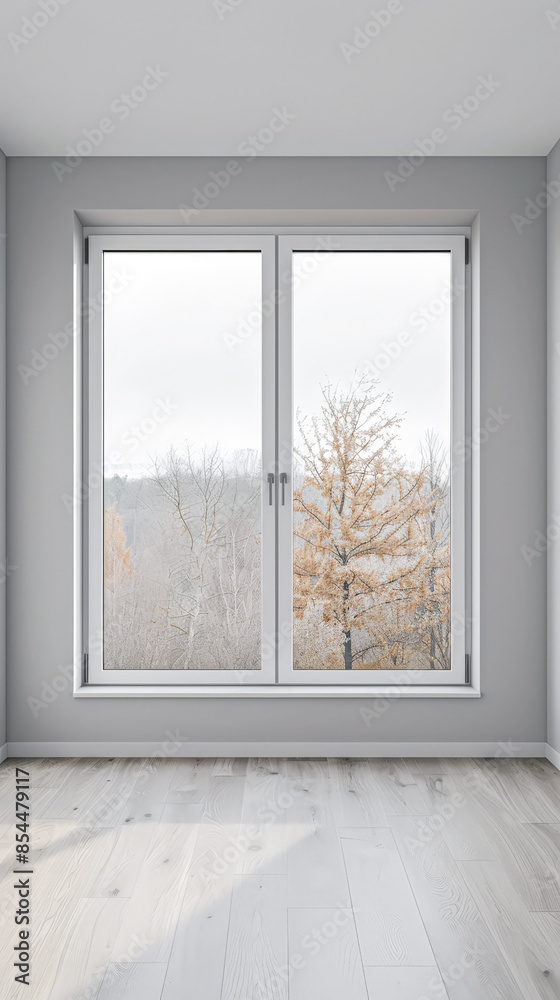 Fototapeta premium Living room designer composition in light grey color with a window projecting light on it and with minimal furniture arrangements. Residential interiors design composition with copy space.