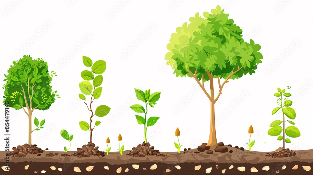 Fototapeta premium A comprehensive infographic of tree planting, with sequential icons of seeds, sprouts, young plants, and mature trees, depicted in a clear and detailed vector style on a white background, providing