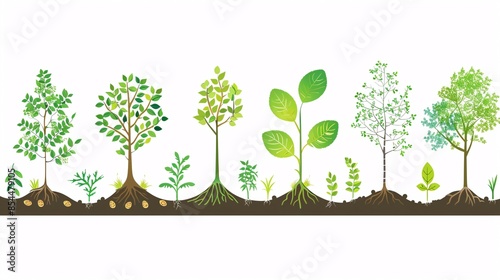 A comprehensive infographic of tree planting, with sequential icons of seeds, sprouts, young plants, and mature trees, depicted in a clear and detailed vector style on a white background, providing photo