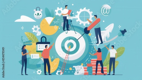 A vibrant illustration depicting a team of individuals working together to achieve a common goal, represented by a bullseye target. Colorful graphics and icons enhance the visual appeal.